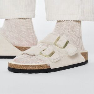 Birkenstock Shearling Suede Big Buckle Size-10/41 Antique White